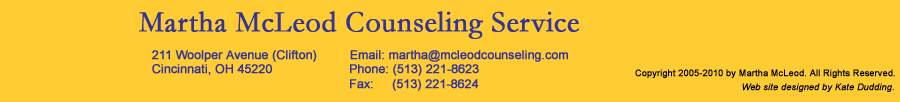 Email link (martha@mcleodcounseling.com) and logo for 
                    Martha McLeod Counseling Service, 
                    211 Woolper Ave., Cincinnati, OH, 
                    (513) 221-8623